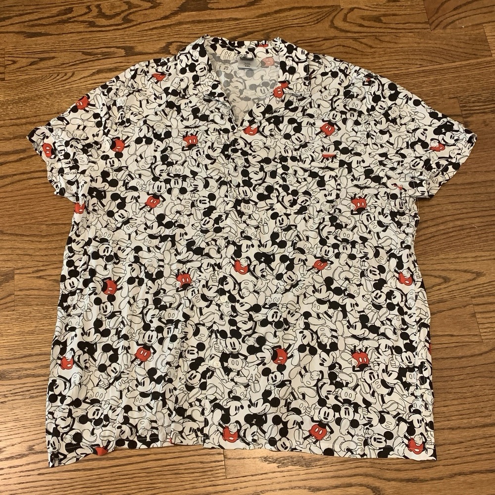 Disney Mickey Mouse White Short Sleeve Button Hawaiian Shirt Men's Size 2X-Large